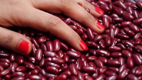 A woman's hand picks up red beans - a close-up of the pile