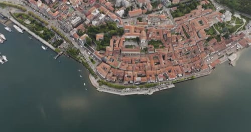 Aerial view of Lake Maggiore at sunset, Lombardy, Italy.