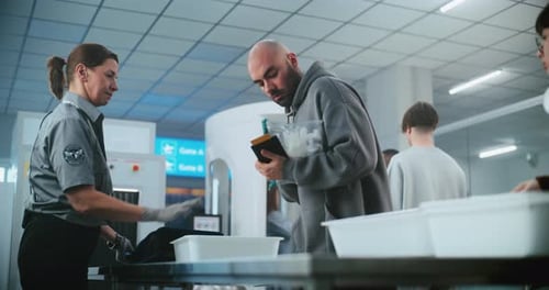 Airport Security Checkpoint with Passengers and Security Officer