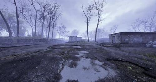 Desolate Foggy Abandoned Landscape with Bare Trees and Ruins Pan