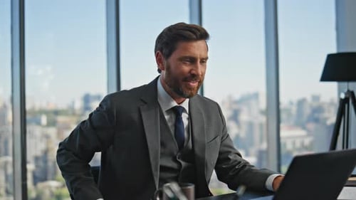 Sales Man Talking Web Conference in Panoramic Office Smiling Manager Calling