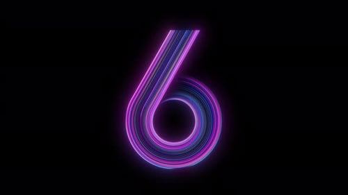 Animated number 6 glowing in blue and purple tones appears on transparent background with alpha chan