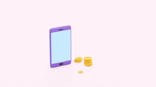 Stock candlestick graph and diagram animation. Smartphone and coins. 3d render.