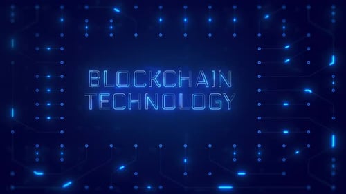 Blockchain Technology Word Text with neon circuit board design or computer semiconductor design