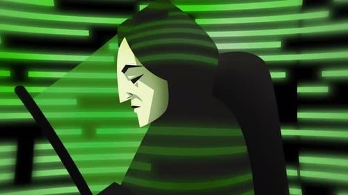 Anonymous masked hacker working at a computer with glowing green code