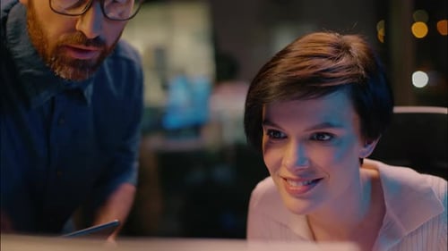 Caucasian Business Man Consult Woman Businesswoman Businessman Smiling Coworkers Girl Guy Looking at