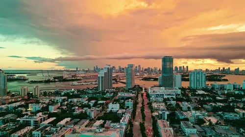 Aerial View of Beautiful Miami Beach City at Night Drone Shot of Miami on Dawn Miami Beach Wonderful