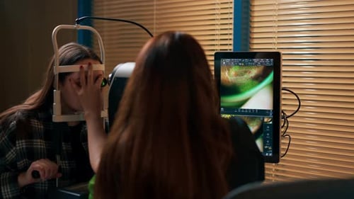 in an Ophthalmology Clinic Young Doctor Diagnoses a Young Girl with a Magnifying Lens