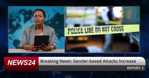Breaking news, woman and broadcast in tv studio for gender violence, attack and crime report