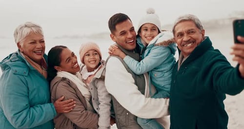 Parents, grandparents and children in selfie, beach and happy with hug, care