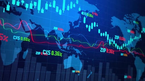 Candlestick Graph Chart with Digital Data Uptrend or Down Trend of Price of Stock Market