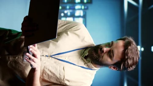 Vertical Video System Admin Walking in Data Center