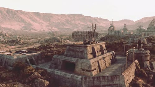 Eine futuristische Militärbasis mit einem Kriegsbunker in einer Science-Fiction-Stadt