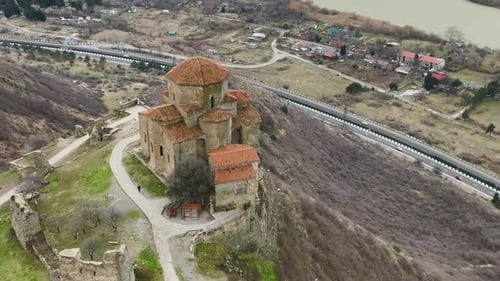 Aerial View Ancient Echoes Mtskheta's Cathedral Beside the River