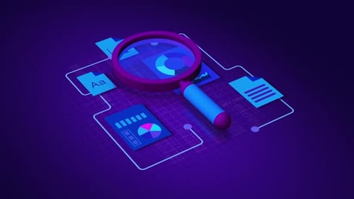 Magnifying glass examining colorful data charts and documents