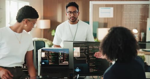 Technology, conversation and team of business people in office with coding project