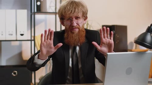 Businessman Working on Laptop Showing Stop Gestuge Danger Rejection Warning Crisis Prohibition