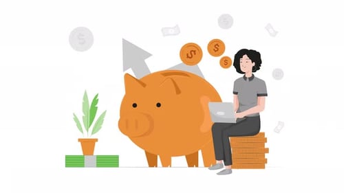 woman with a laptop investing her money with increasing graph in the background on alpha channel