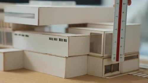 Skilled professional engineer hand using ruler measure house model. Immaculate.