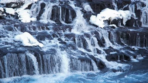 Winter Waterfall in Iceland Snowy Mountain and Cold Glacier River Pure Blue Water