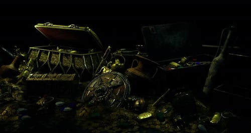 Ancient Treasure Chest Opening with Gold and Gems Animation