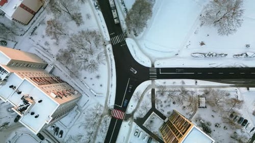Snowy Urban Intersection Birds Eye Aerial View