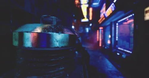 Neon Lights Illuminate a Narrow Alley in an Urban Nighttime Setting