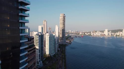 Aerial View of Bocagrande Hotels and Apartment Buildings Complex, Waterfront of Cartagena Colombia