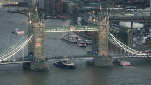 Aerial view of London Tower bridge in the evening