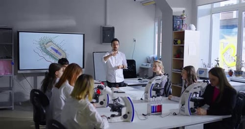 Education Modern Middle School Young Students Listening To Biology Teacher Speaking In Classroom