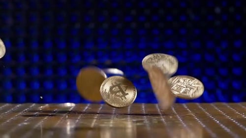 The Rain of Shining Bitcoins Are Falling on the Golden Area, Turning,