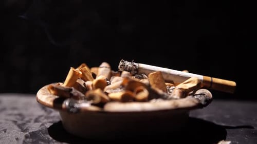 Cigarettes in an ashtray full of cigarette butts
