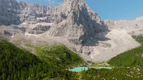 Lago di Sorapis or Sorapis lake in Dolomites Italian Alps. Beautiful turquoise water alpine lake