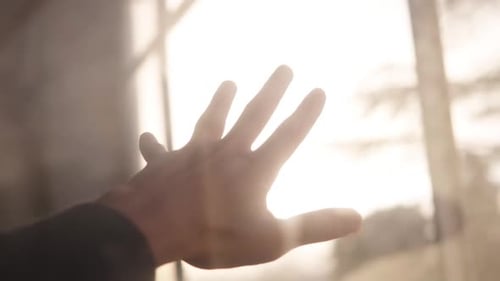 Reflection of a person's open hand in the window through which sunlight enters