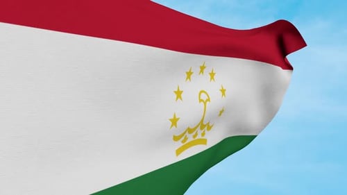 Waving Flag of Tajikistan against Blue Sky