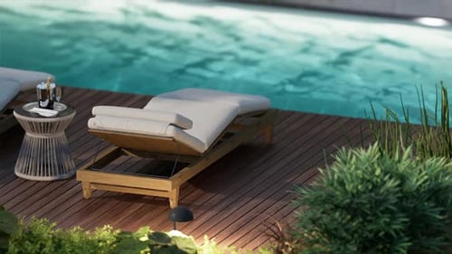 Exterior design details, close-up shot, two sun loungers by the pool.