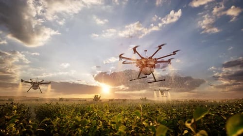 Agricultural Drones Spraying Pesticides Over A Field At Sunset