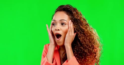 Woman, face and surprised or wow on green screen background for announcement, sale or promotion