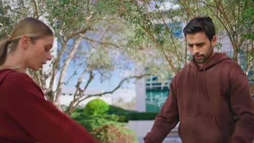 Fitness Couple Training Park in Morning Urban Athletes Preparing for Workout