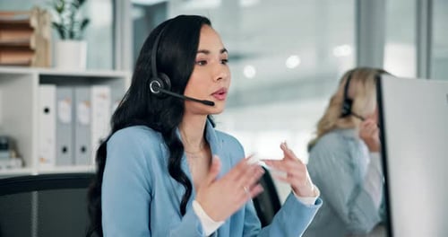 Customer service, business and woman on computer in office for talking, call center and consulting