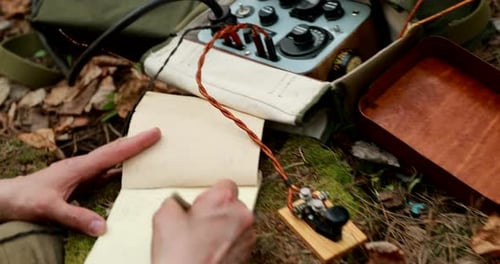 Operator Transmitting Morse Code in Forest Setting
