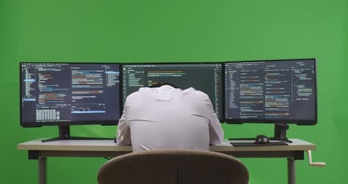 Back View Of Tired Developer Sleeping While Write Code With Multiple Screens In Green Screen Studio