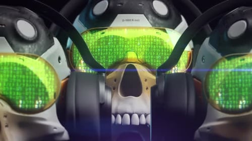 Futuristic skull of a man wearing headphones. with holographic random code effect