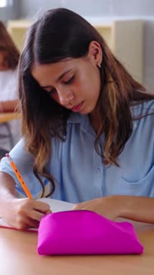 Caucasian Girl Primary School Student Concentrated Doing Teacher Lesson Exercises in Classroom