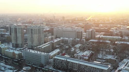 View From the Height of the City Block in Winter in the Center of Minsk at Sunset