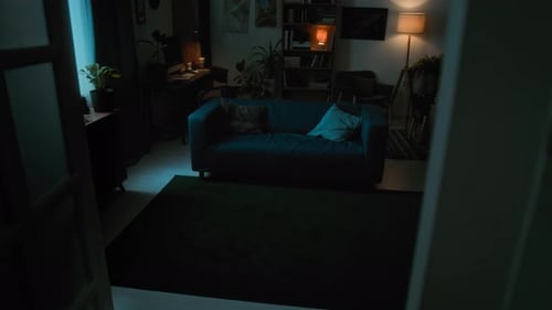 Two Figures Enter Dimly Lit Home at Night