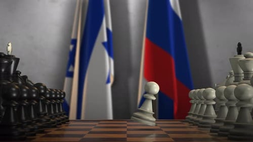 Strategic Chess Game with Two Nations Flags Background