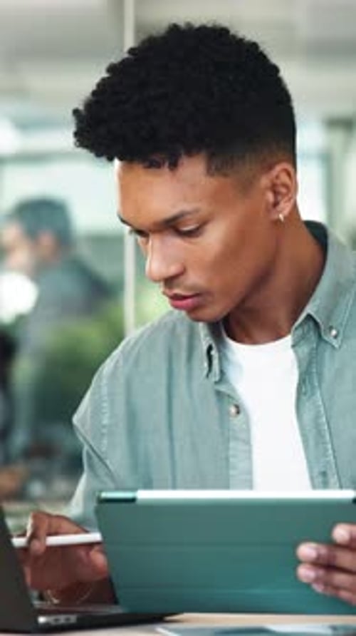 Stylus, tablet and research with business man in office for designer draft