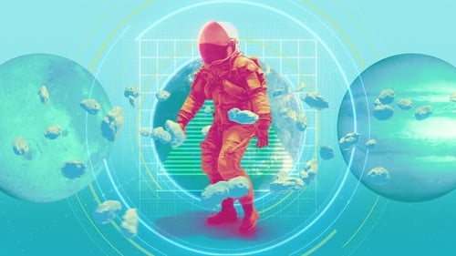 Animated Futuristic Astronaut Walking in Space with Planets and Asteroids