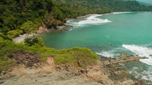 Remote turquoise bay and jungle coast with blue ocean waters on sunny day